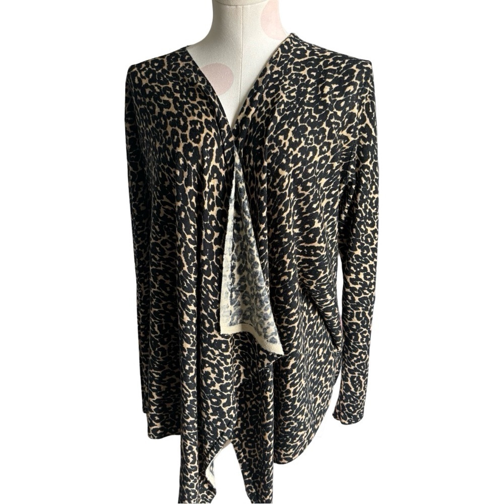 Victor Alfaro Merino Wool Leopard Open Front Draped Cardigan - S/M